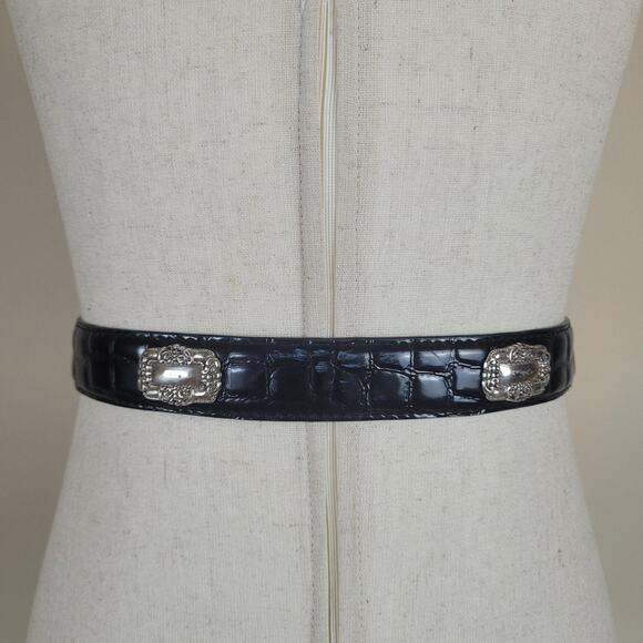 Black Leather Belt Small Western Silver Buckle Croc Embossed Cowgirl Concho Boho - Picture 3 of 8